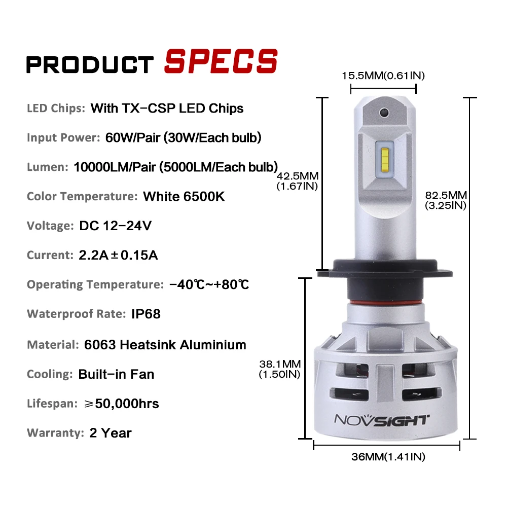 NOVSIGHT H7 Led 12V 24V Автомобильный головной светильник s светодиодные лампы 60W 10000LM 6500K