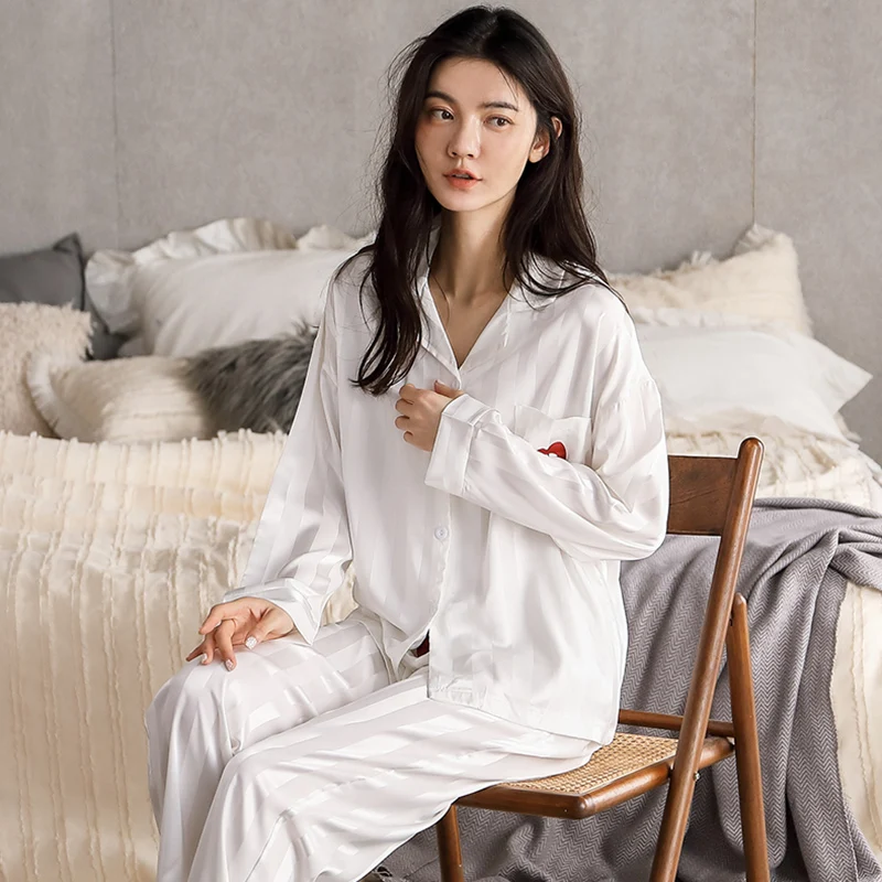 

JRMISSLI Woman Stripe Luxury Silk ​V-neck Pyjama Two-piece Homewear Suit Pijamas Sets Long Sleeves Shirt Long Pants Plus Size