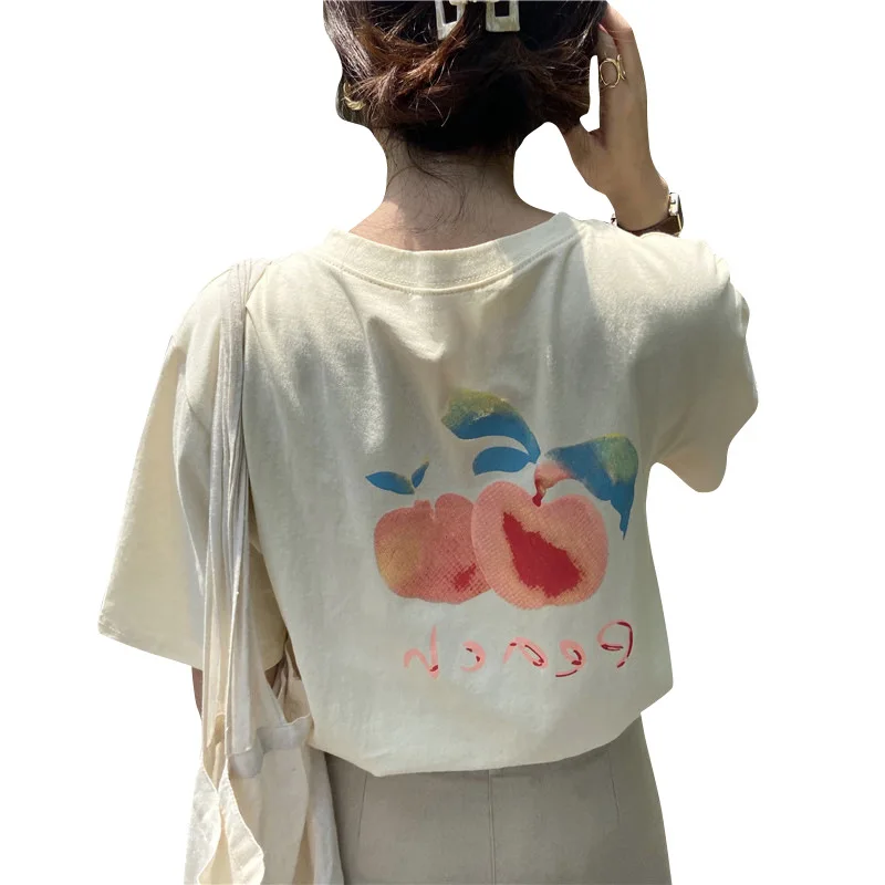 

Spring Autumn Women'S Solid Front And Back Print T-Shirt Short Sleeve O-Neck Girl Tee Female Casual Tops Streetwear M396