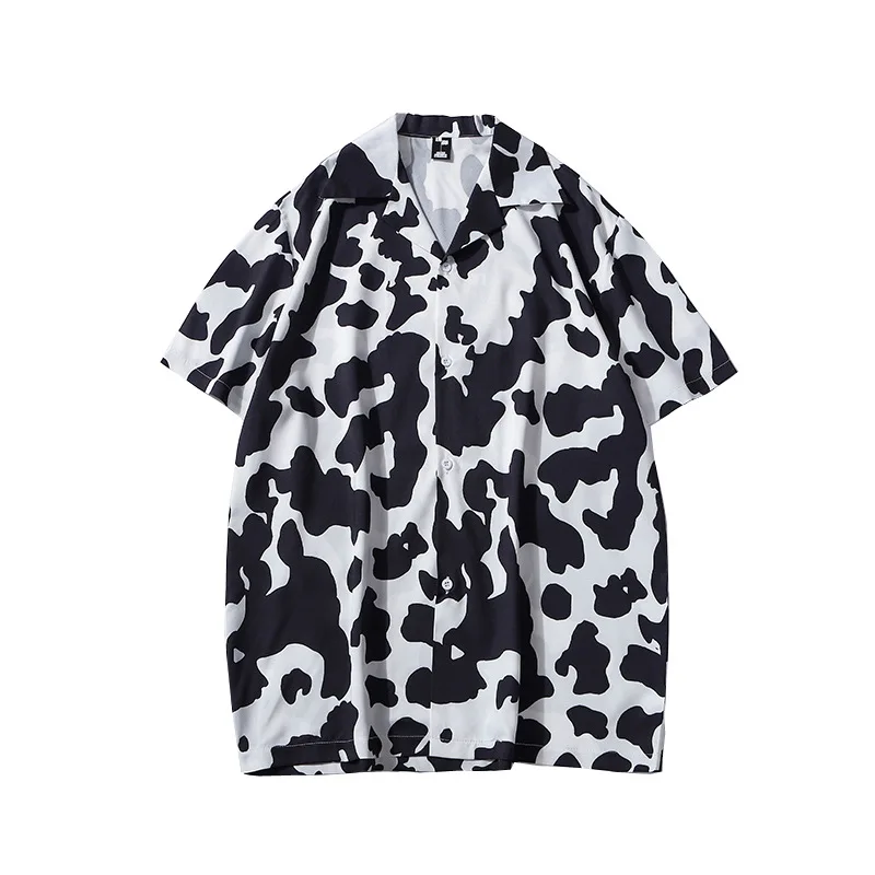 

Hawaii Beach Cow Spotted Flower Shirt Short Sleeve Men's Loose Hong Kong Style Retro Fashion Shirt Camisas Para Hombre