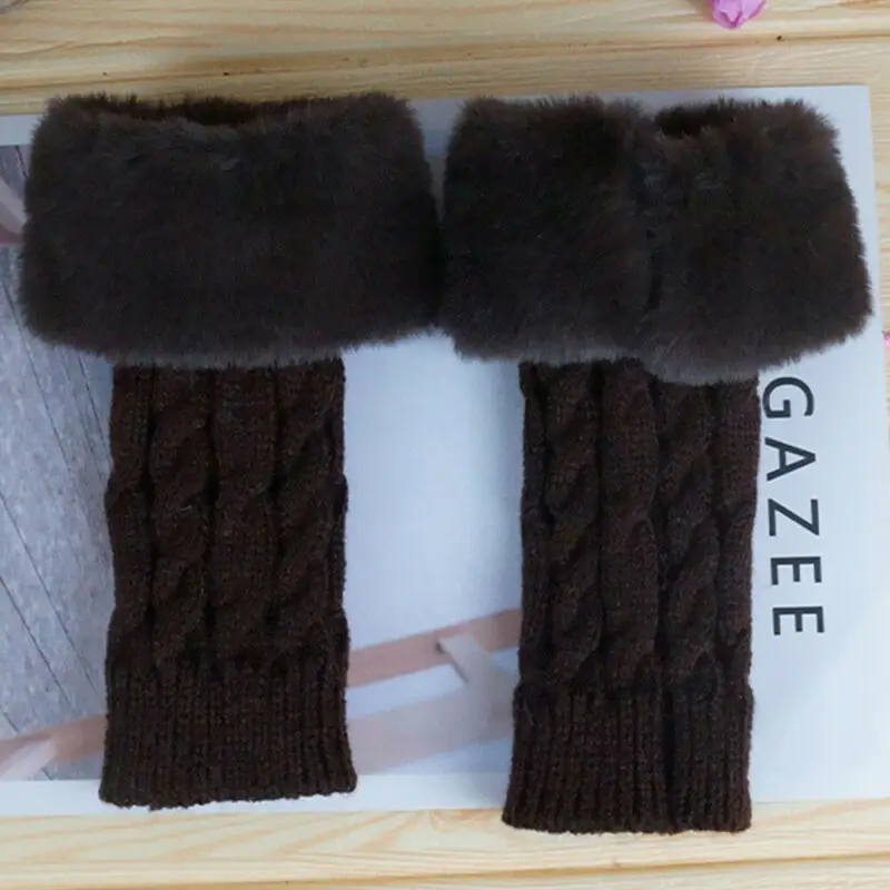 

Winter Faux Fur Trimmed Wrist Arm Warmer Women Knit Fingerless Gloves