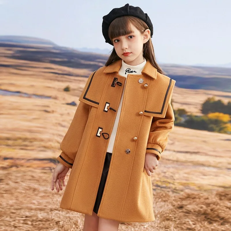 

5 7 9 11 12 14 Years Girls Woolen Coat Autumn Winter England Style Single Breasted Long Jackets Children Casual Street Overcoats