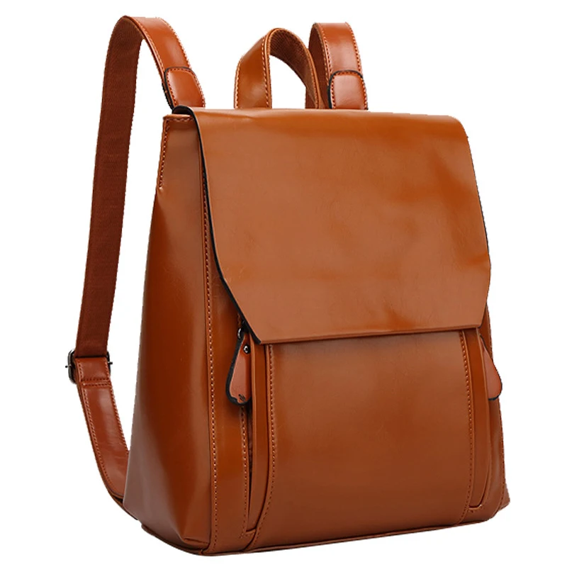

Teen Girl Model Wax Leather Backpack Brown Color School Stuff Large Capacity Rucksack New Fashion School Backpack for Women