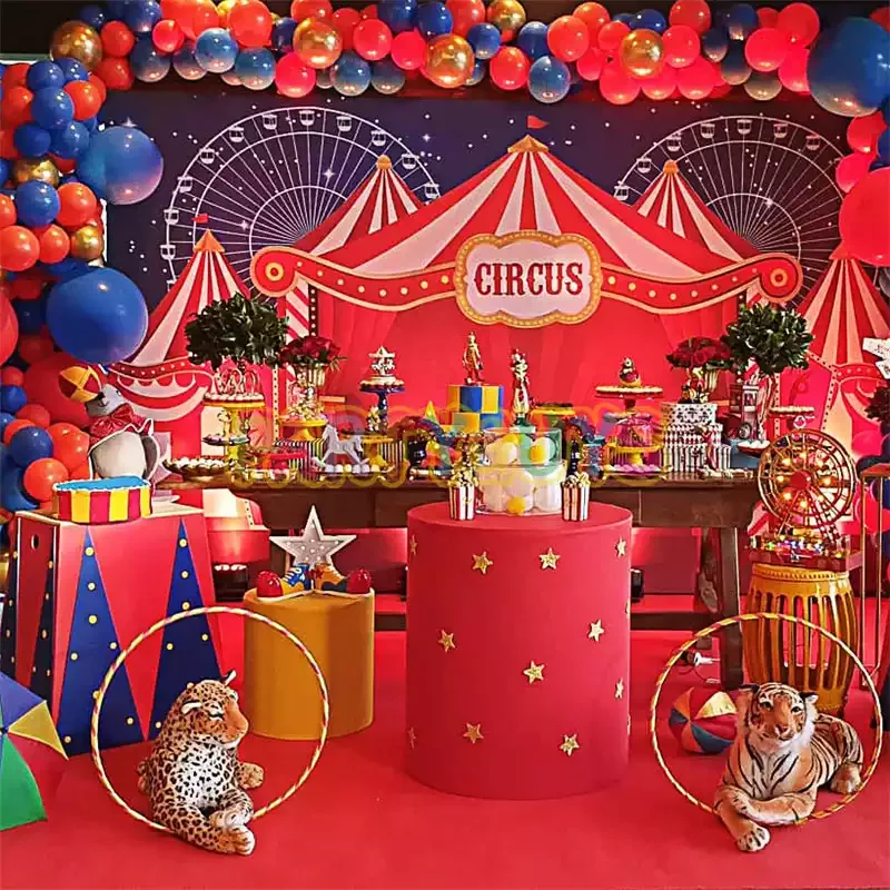 

Circus Theme 1st Birthday Party Backdrop Baby Shower Photography Background Curtain Ferris Wheel Decor Banner Customize Poster