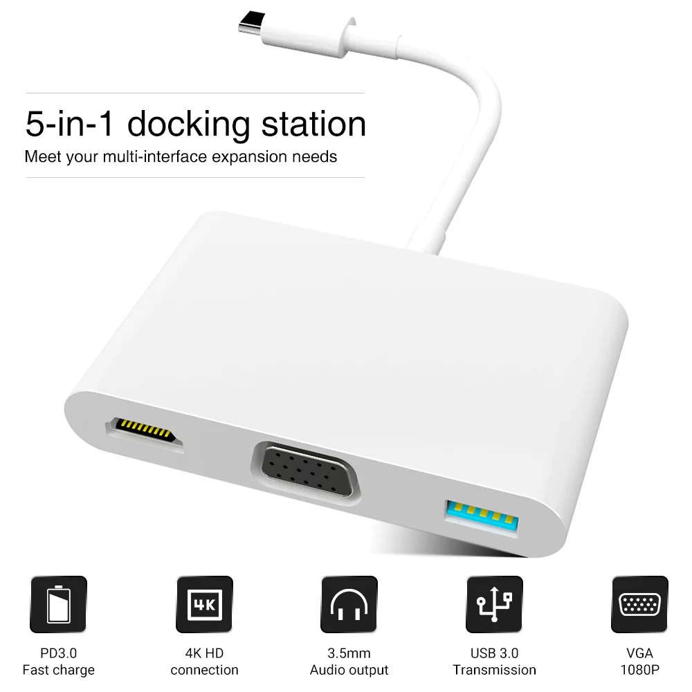

PP5A 5 in 1 Type C Hub 4K 1080P HDMI-Compatible + VGA PD 5Gbps USB Hub Support 3.5mm Audio Output for Andorid Phone Computer