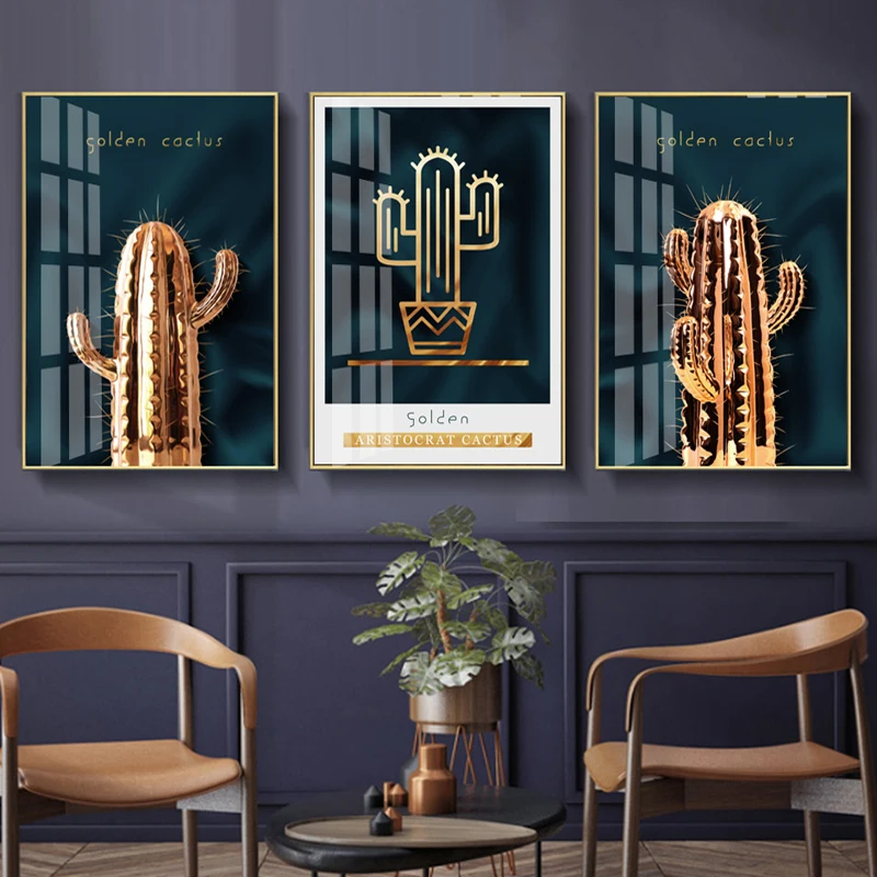 Настенные художественные картины на холсте с изображением золотого кактуса