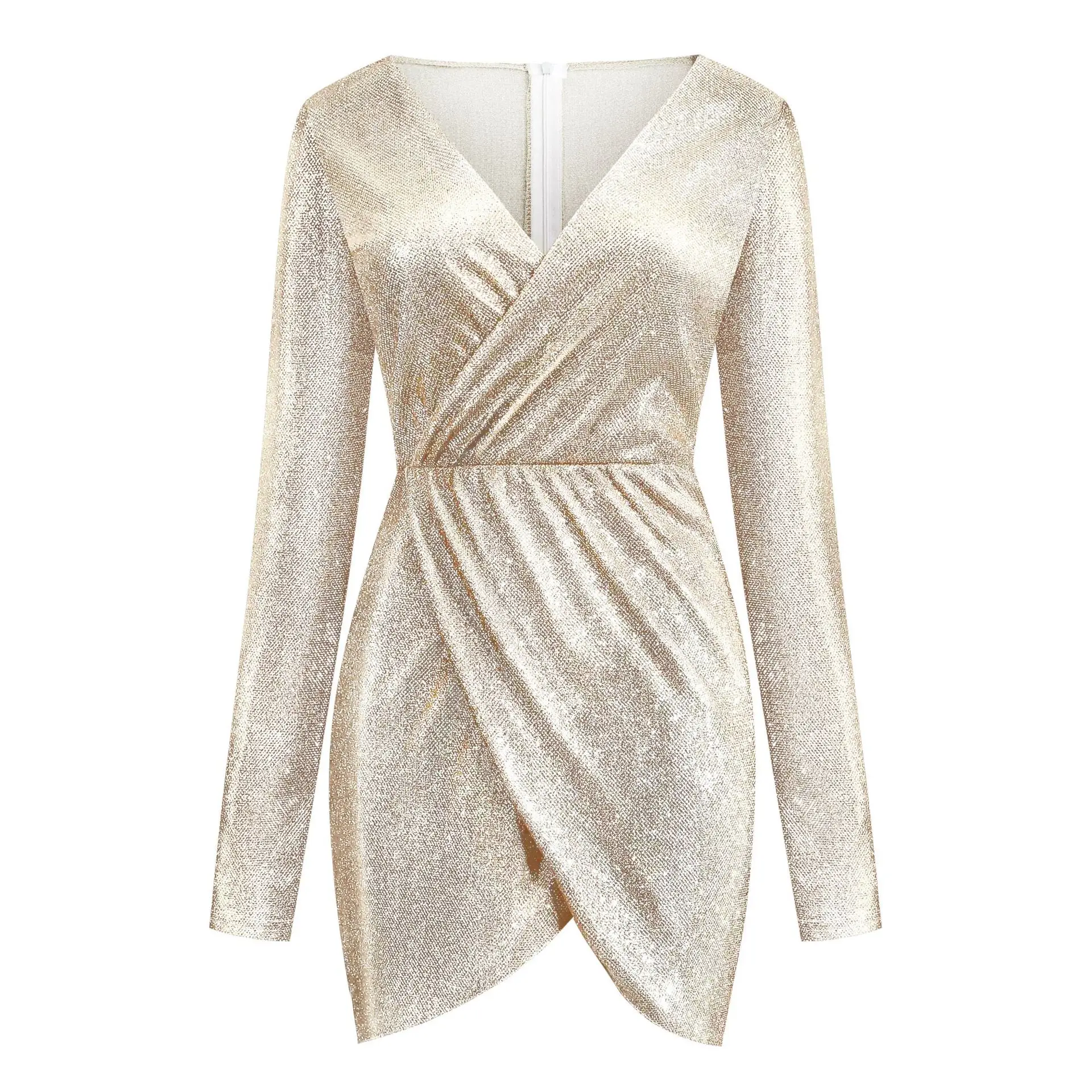 

Popular Women's Hollow V-neck Slit Tight Dress Autumn Sexy Sequins Sparkling Mini Dress Long Sleeve Evening Dress spring 2021