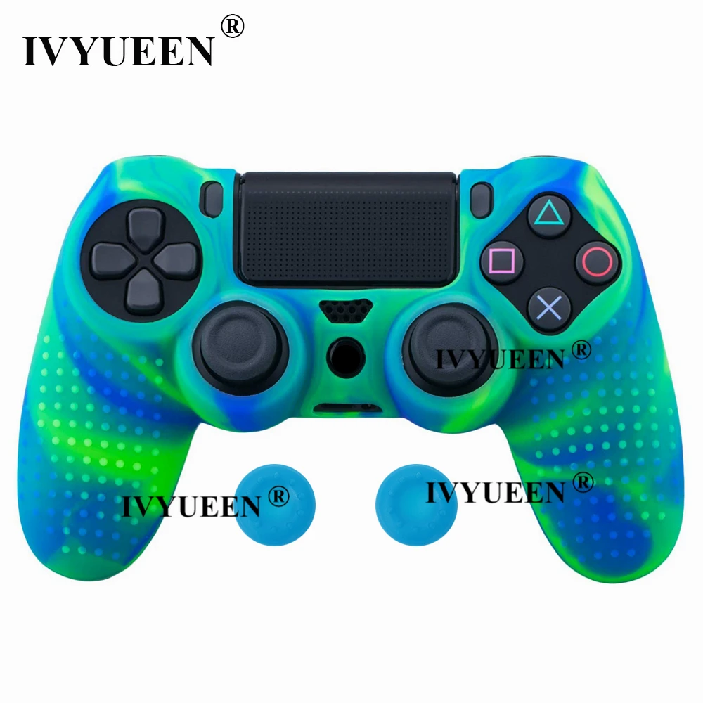 Green Blue Силиконовый чехол IVYUEEN для Dualshock 4 PS4 Pro, тонкий чехол для контроллера и ручки для большого пальца, колпачки для playstation 4, аксессуары для игр - Цвет: Green Blue