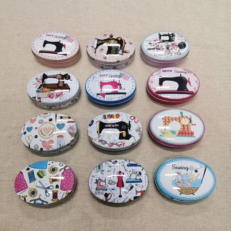 

24pcs/lot Sewing Machine Printing Storage Box Oval Shape Candy Box Handmade Soap Case Mini Tin Jewelry box Small Pill Case