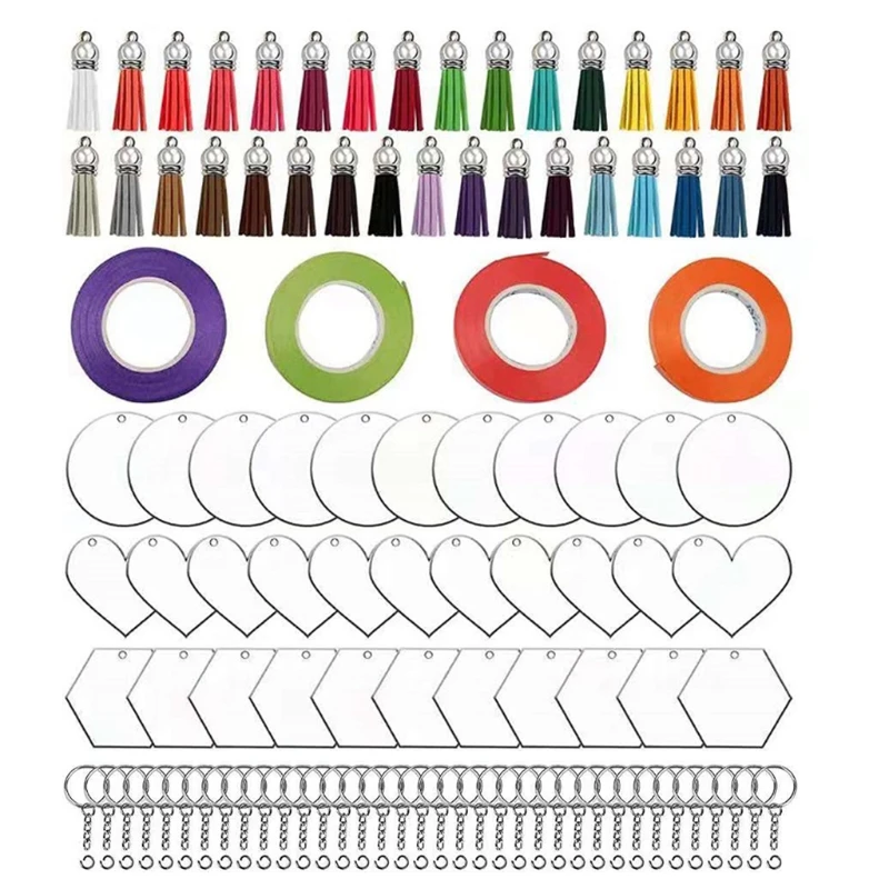 

M2EA Acrylic Keychain Blanks 148 pcs Bulk Clear Circle Round Heart Shape Acrylic Disc DIY Kit with 36Pcs Blank Tassels Keychain