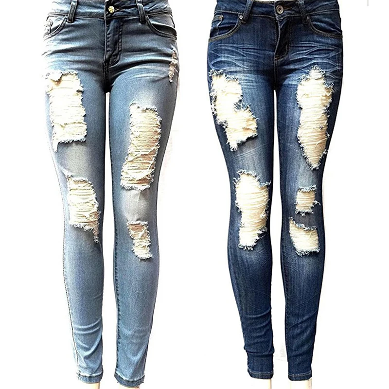 

2020 Newest Hot Womens Stretch Skinny Ripped Hole Washed Denim Jeans Female Slim Jeggings High Waist Pencil Pants Trousers