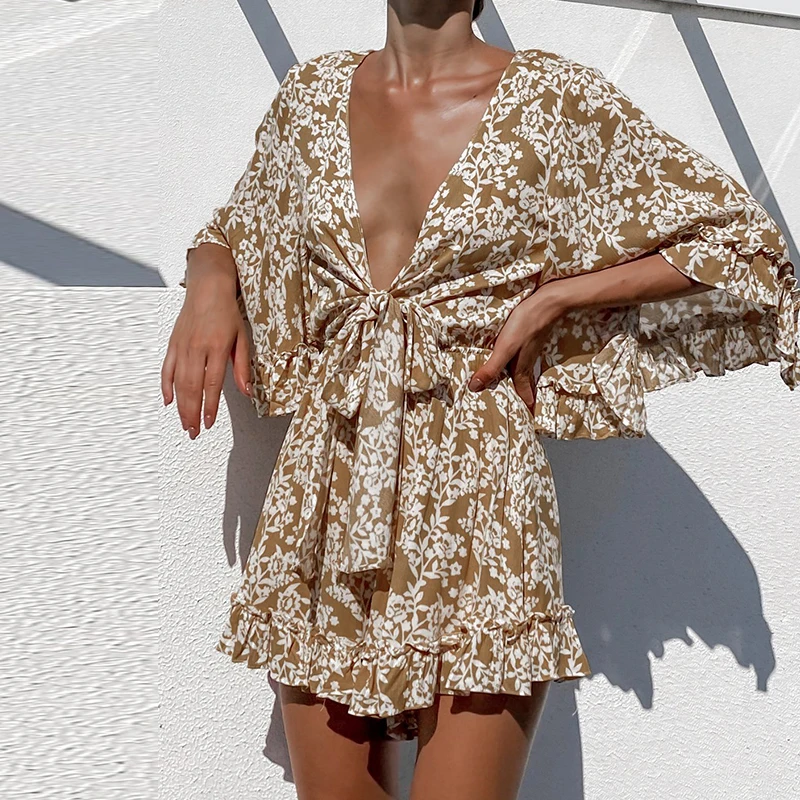 

Summer Women Lace-up Print Playsuit Sexy V Neck Short Jumpsuits 2021 Casual Ruffles Playsuit Loose Female Beach Holiday Rompers