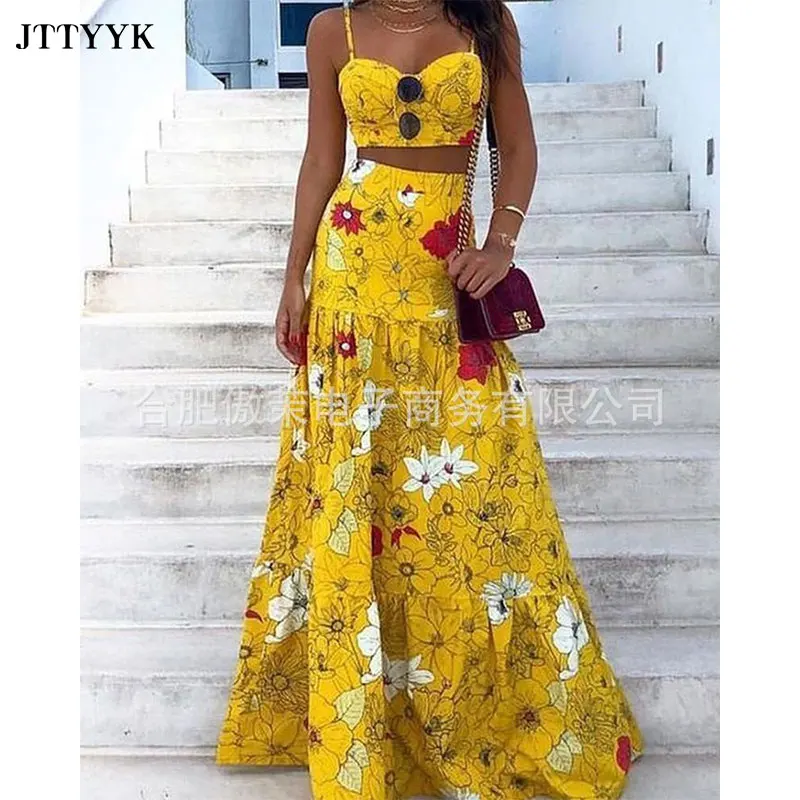 

Women Summer Floral Print Two-Piece Maxi Dress Two Pieces Set 2021