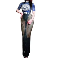 rhinestones lion pattern striped printing split fork ankle length dresses stage wear lady party evening costume nightclub outfit