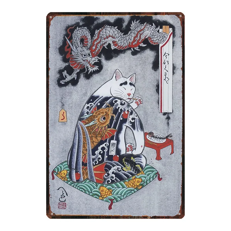 

Japanese Samurai Cat Shabby Chic Tattoo Cat Pet Tin Sign Plaque Metal Vintage Wall Art Bar Home Decor 30X20CM DU-2377