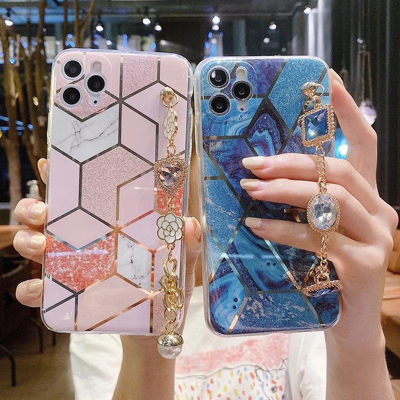 

Fashion Marble Bronzing Splice soft phone case for apple iphone 7 8 Plus X XS XR MAX 11 Pro 12 MiNi Bracelet diamond back cover