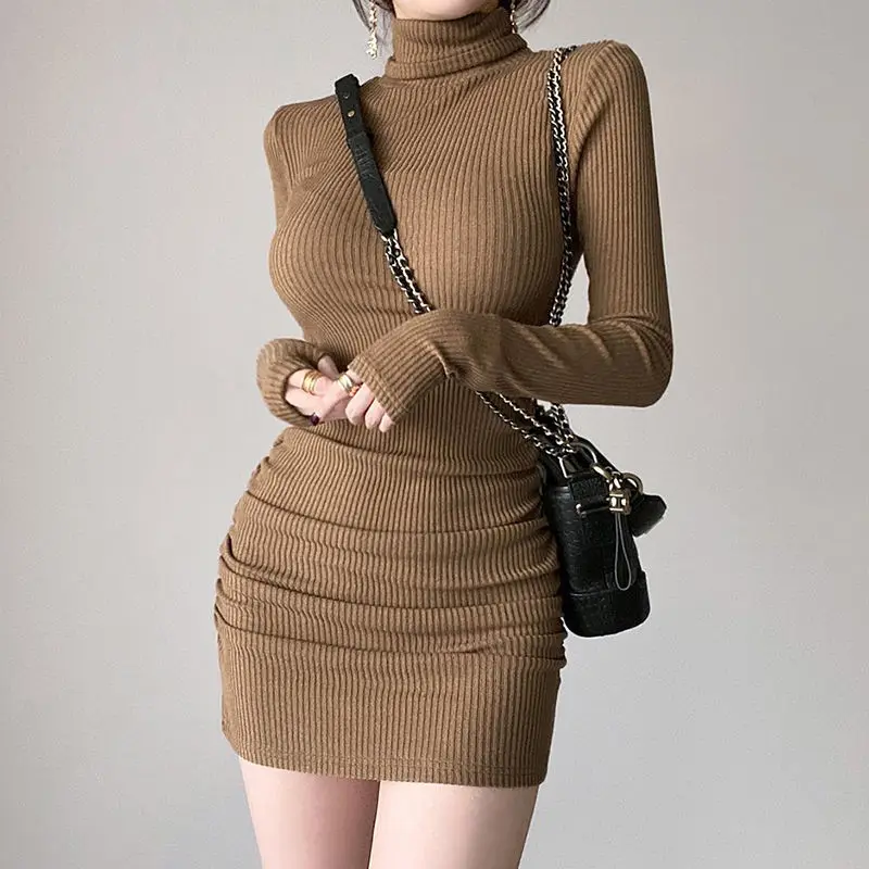 

2021 Long Sleeve Sexy Mini Dress Autumn Winter Women Solid Streetwear Outfits Y2K Party Clothing Slim Turnleneck Knitted Dresses