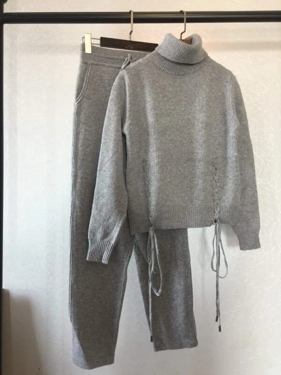 

Tracksuits Promotion Wool Full 2020 Spring New Cashmere 2 Piece Set Classic Cross Tie Fashion Casual Two-piece Suit Female Solid