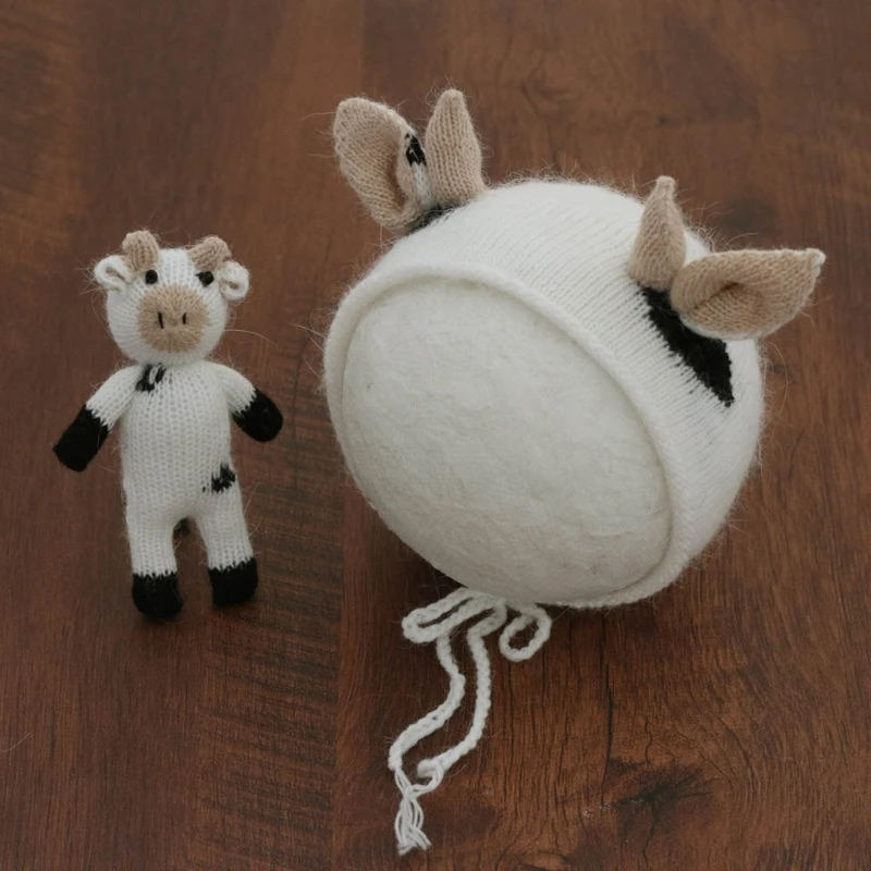 

2 Pcs Baby Knitting Cow Hat Animal Doll Set Handmade Crochet Mohair Beanies Newborn Photography Props Bonnet Infants G2AE