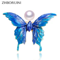 zhboruini 2019 real natural pearl brooch blue enamel butterfly pearl pins freshwater pearl jewelry for women gift accessories