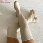 Женские длинные сапоги выше колена, женская обувь на толстой платформе, вязаные сапоги-носки, модные осенне-зимние женские высокие сапоги 2021