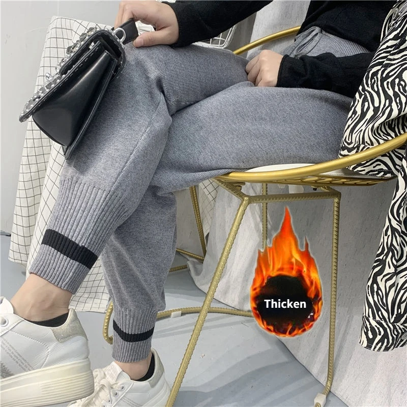 

Женские вязаные брюки, Осень-зима, повседневные свободные шаровары с эластичным поясом, однотонные серо-черные бархатные брюки для женщин, ...