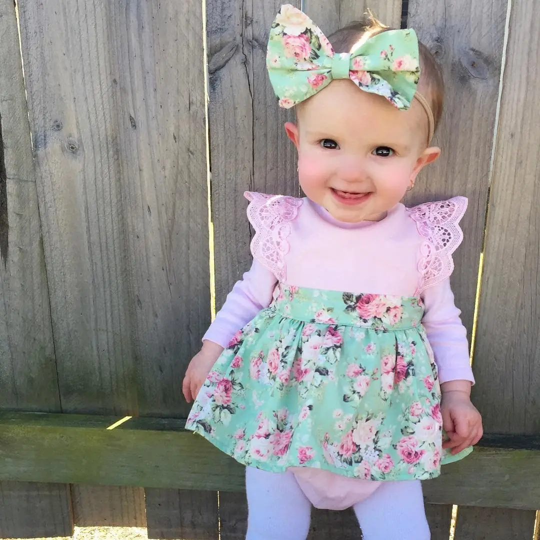 

Baby Girl Floral Printed Lace Trimmed Bodysuit with Headband 0-24M Newborn Infant Toddler Summer Casual Cotton Sleeveless Romper