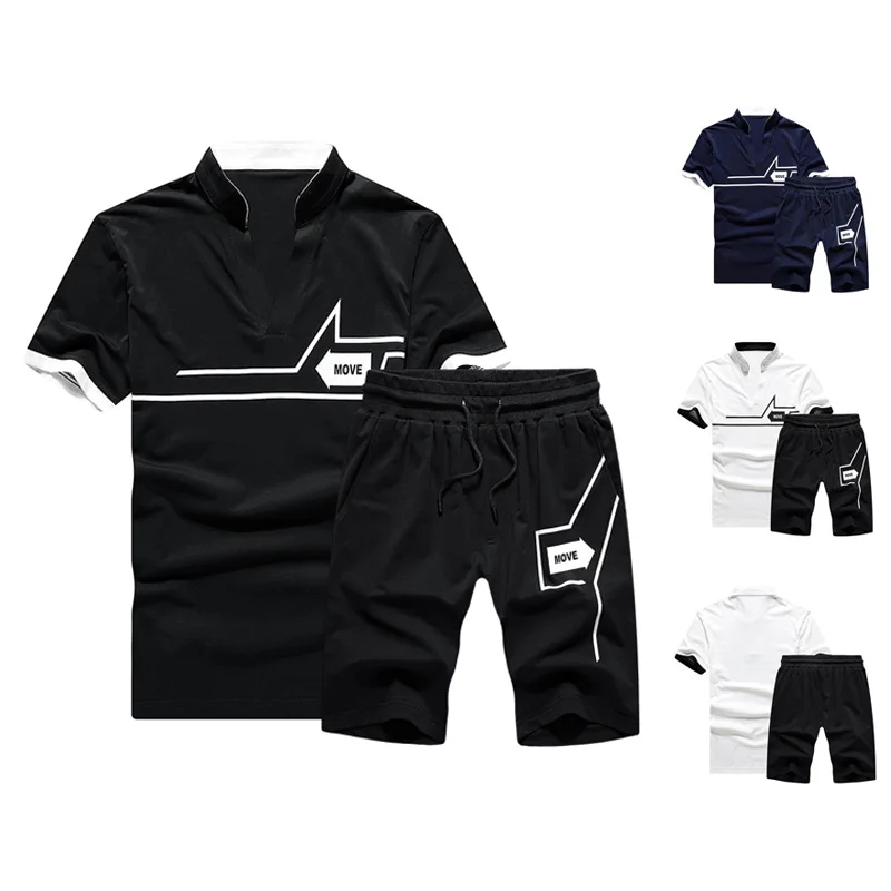 

2021 New Brand Men's Short-sleeved Sportswear Set Men Stand-up Collar V-neck T-shirt + Shorts Comfortable Sports Two-piece Suit