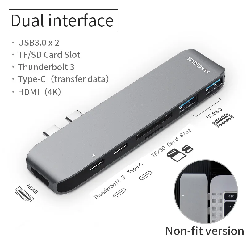 Hagibis 7-в-1 двойной USB-C концентратор Тип-C USB HUB адаптер USB-C к HDMI SD/TF Card Reader PD зарядки 4 к HD для MacBook Pro USB 3,0 концентратор - Цвет: Non-fit version