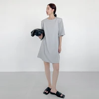 2021 korean fashion summer new loose lazy short sleeved dress pure cotton round collar simple pure color long t shirt women