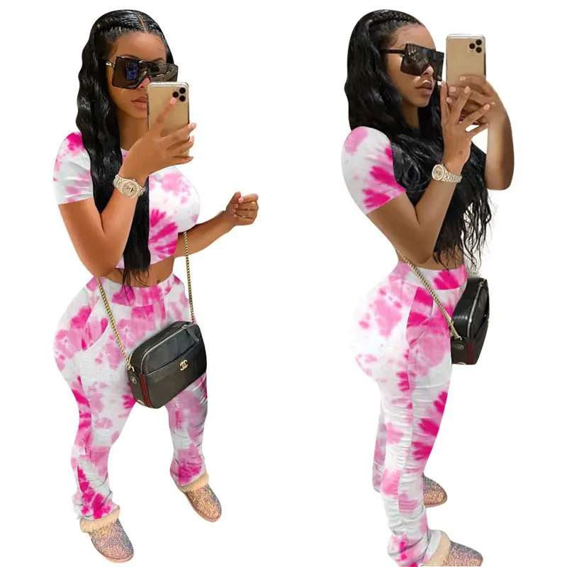 

Tie Dye Two Piece Set Women Tracksuit Fitness Summer Casual Outfits Crop Top Stacked Pants Sweat Suit Lounge Wear Matching Sets