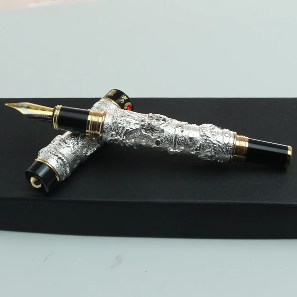 JINHAO, золотистая, серебряная, коричневая перьевая ручка "Два дракона, играющие с жемчужиной", резная, без подарочной коробки