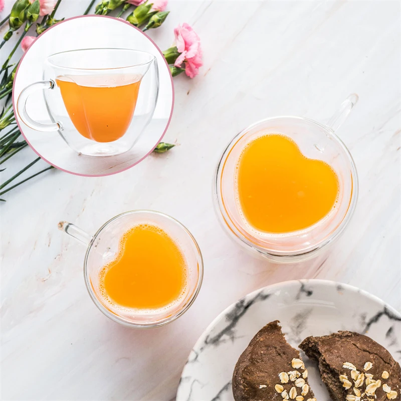 

Heart Love Shaped Double Wall Glass Mug Resistant Hit Tea Milk Lemon Juice Cup Drinkware Lover Coffee Latté Cups Mug180/240ml