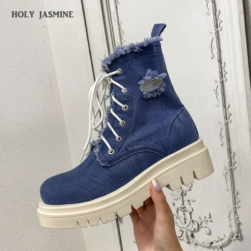 

New Denim Women Boots 2020 Autumn And Winter Microfiber Lace-Up Round Toe Ankle Boots Flat With High(5cm-8cm) Short Plush Inside