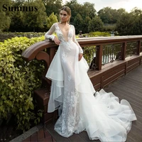 sodigne mermiad lace wedding dresses with deathable tail sexy v neck luxurt bridal dress modern long sleeves wedding gowns