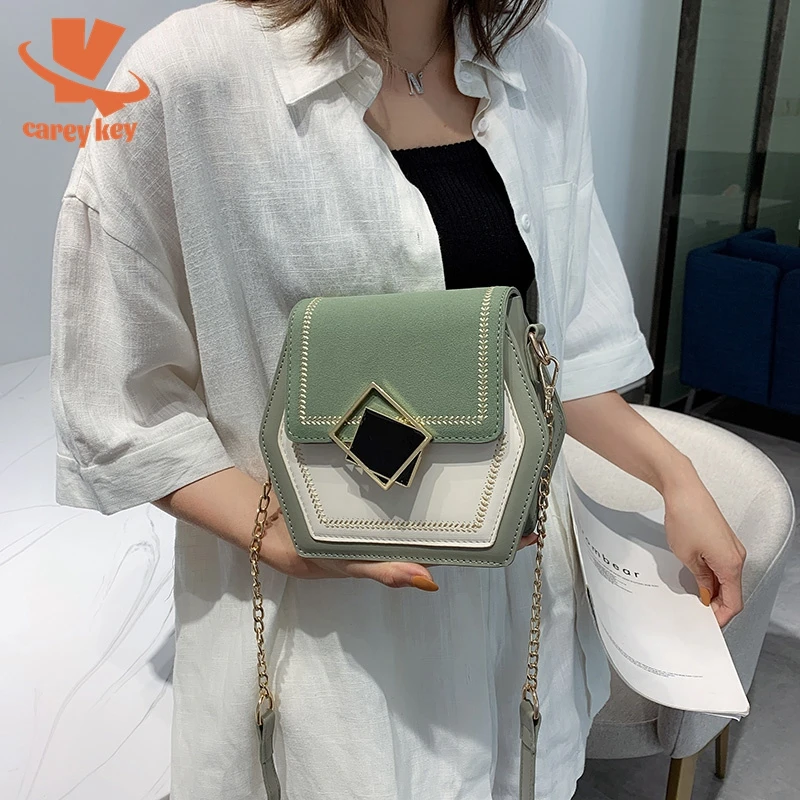 

CAREY KEY Scrub Leather Shoulder Bags Women Small Hexagon Messenger Bag Phone Handbags
