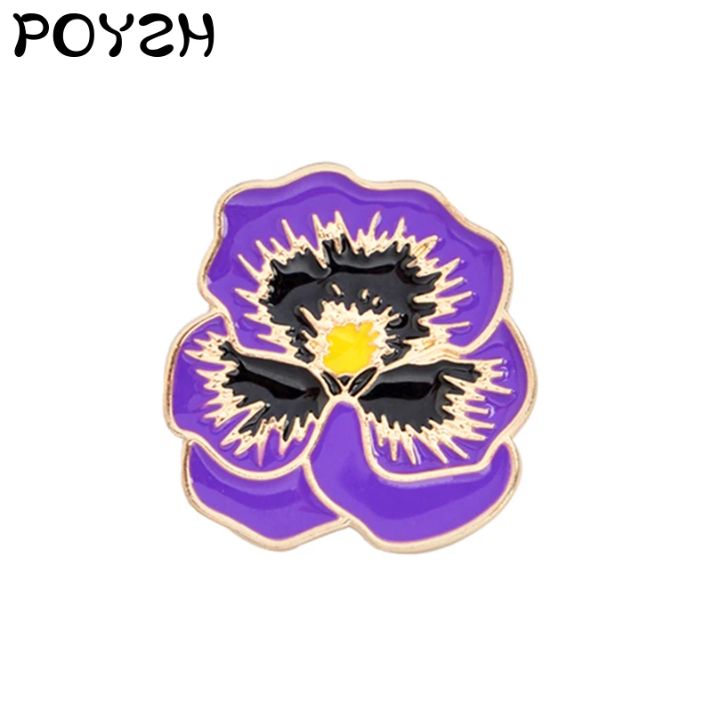 Брошь с эмалью в виде цветка фиолетовые лепестки желтые и черные тычинки булавка