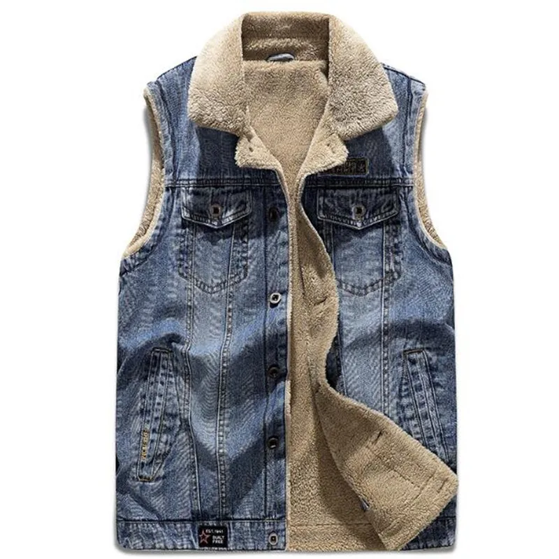 

New Cowboy Vest Autumn Winter Mens Denim Vest Sleeveless Jacket Warm Fleece Waistcoat Casual Colete Gilet