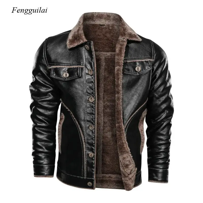 

Winter High-End Men's Jacket Warmth Thick Black Brown Leather Coat Men's Clothing Motorcycle Jacket Lapel Woolen