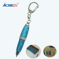 2pcs mini bling glitter ball pen multi color pu leather ball point pen middle ring with crystal pocket short key ring pens