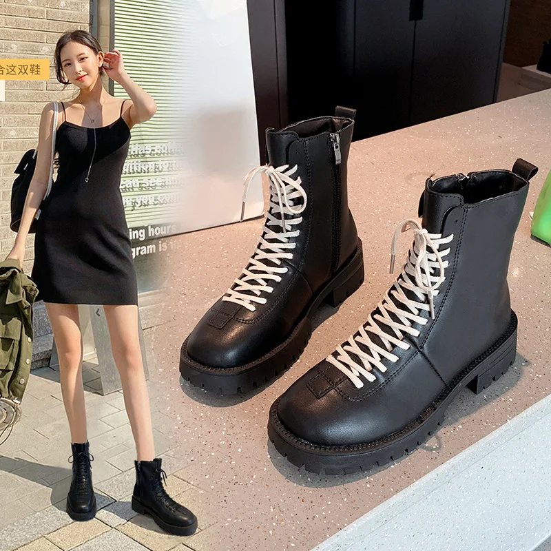 

Осень/Зима 2022, новый стиль, ботинки мартинсы, женский Британский стиль, корейский студент, шнуровка, короткие сапоги для мотоциклистов