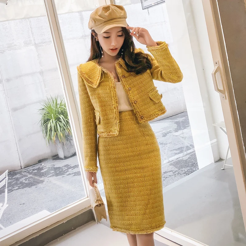 HAMALIEL Brand Runway Tweed Two Piece Set Fall Winter Women Yellow Plaid Tassel Short Weave Jacket +Pencil Wool Blends Skirt | Женская