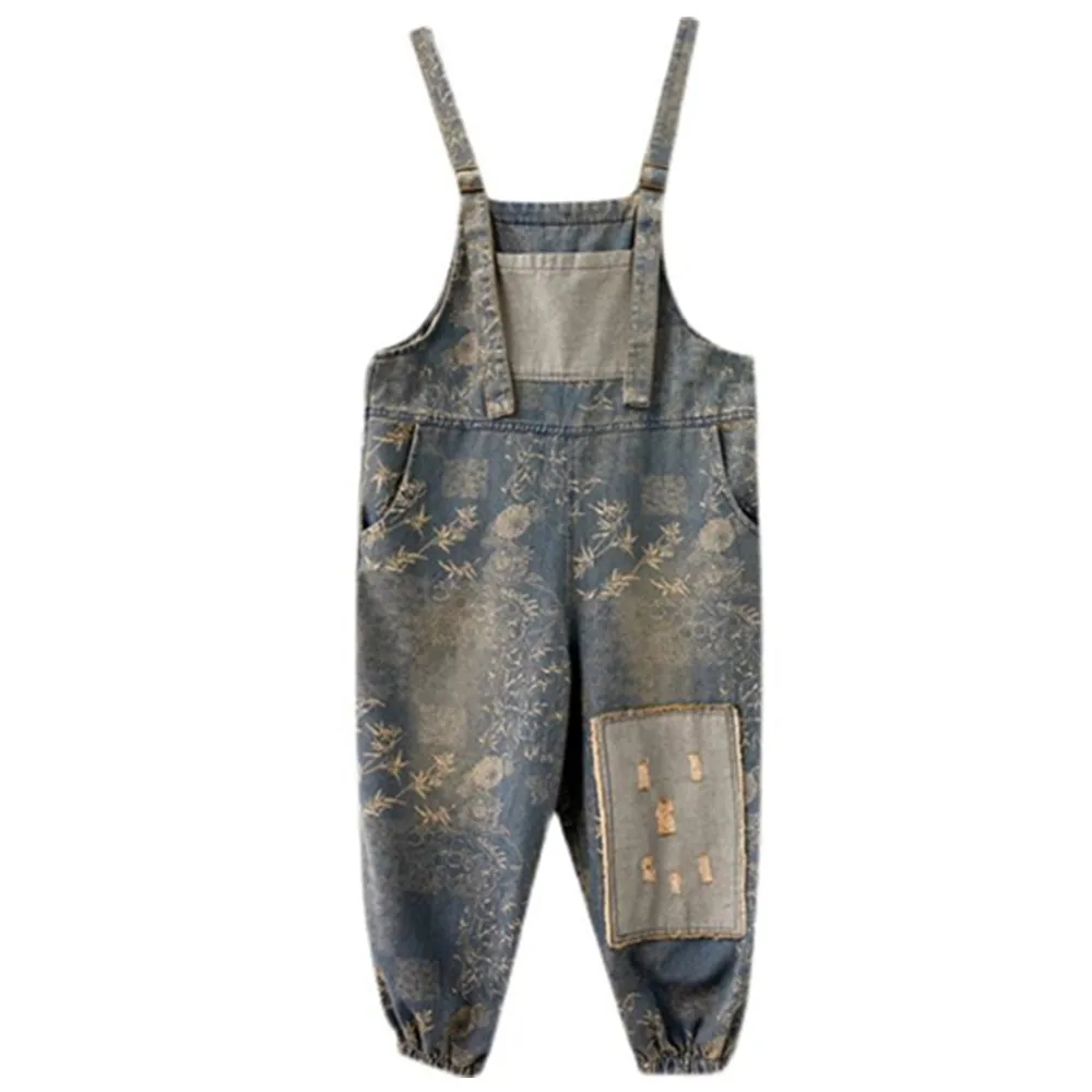 Джинсовый комбинезон с широкими штанинами джинсовый в стиле ретро на бретелях