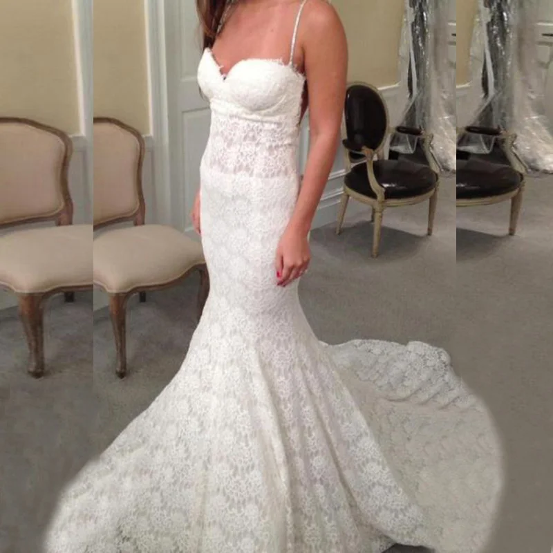 

Wholesale Elegant Lace Mermaid Open Back Bridal Wedding Dresses Sweetheart Spaghetti Straps Wedding Gowns for Bride Illusion