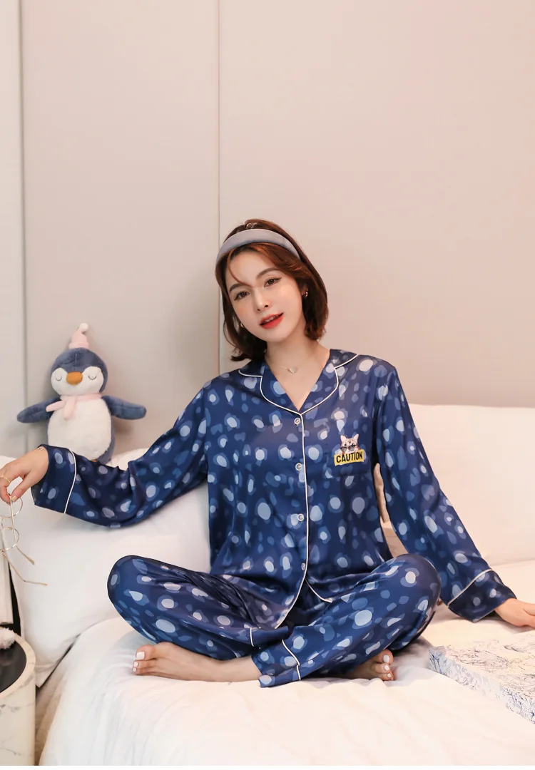 

Printed Blue Satin Sleepwear WOMEN 2PCS Pajamas Suit Casual Nightwear Lounge Intimate Lingerie Spring Summer New Home Clothing