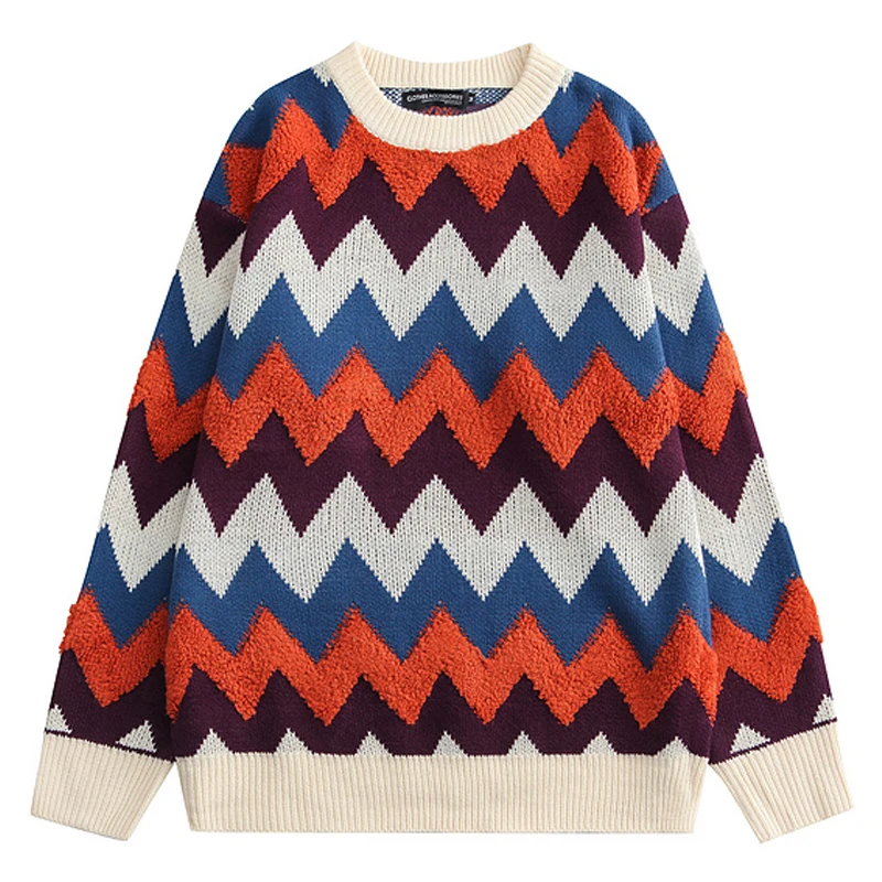 

Мужские Ретро волнистые полосатые вязаные свободные свитера, уличная одежда, Зимний хип-хоп, унисекс, вязаная одежда оверсайз, синие пулове...