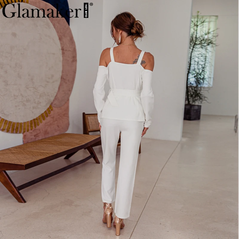 Женский костюм с блейзером Glamaker белый комплект из двух предметов длинным рукавом