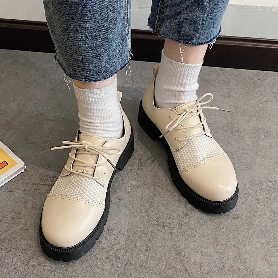 

Women Oxfords 2021 Autumn Thick Bottom Lace Up Leather Flats Square Heel Round Toe Casual Hollow Out Breathable Platform Shoes