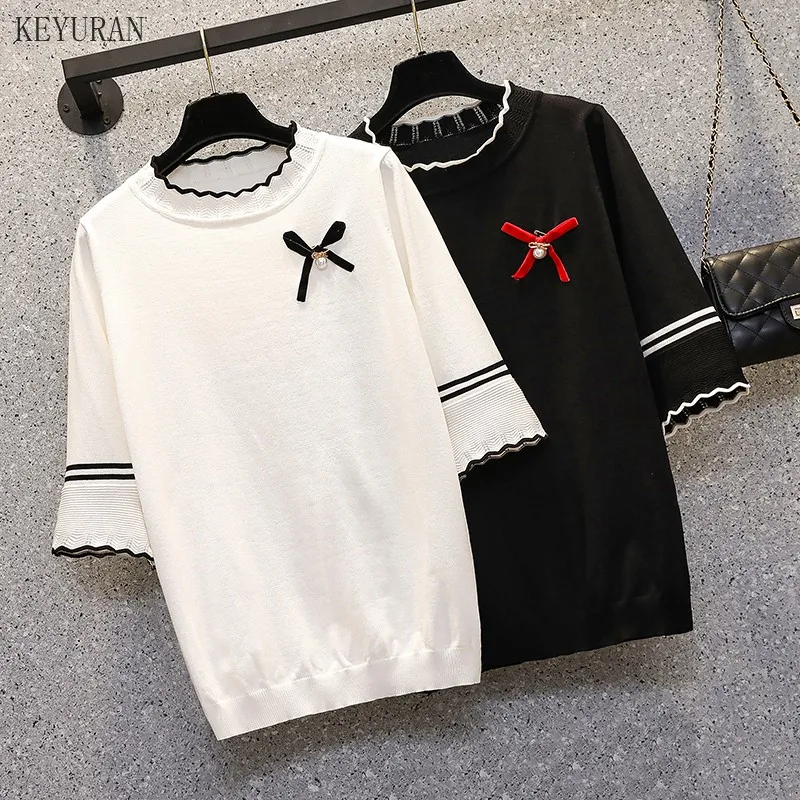 

Plus Size Spring Summer Bow Knitted T-Shirt Women Ice Silk Half Sleeve Loose T-Shirts Side T Shirt O-neck Pullover Tops Tee