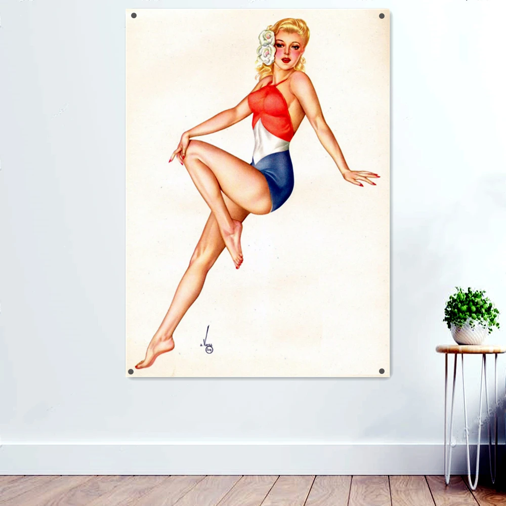 

Pin Up Girl Posters Vintage Sexy Girl Banner Flag Sticker Polyethylene Hanging Painting Wall Decor for Bar Pub Club Bedroom B2